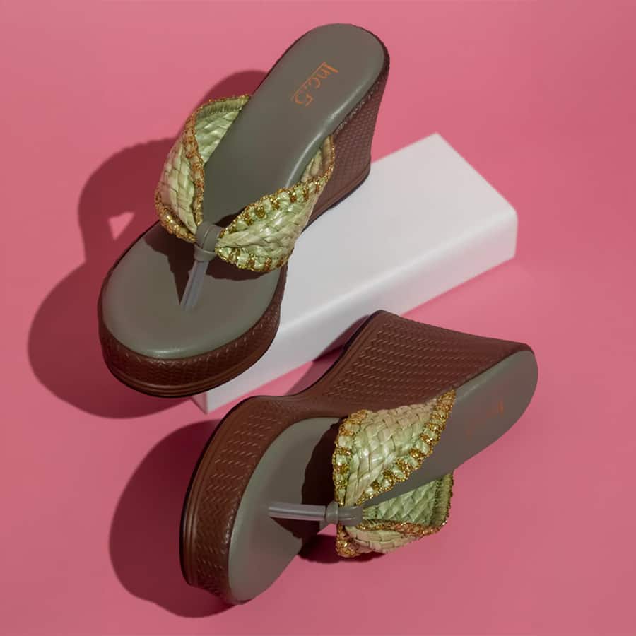 Women Green Textured Embellished Wedge Sandals