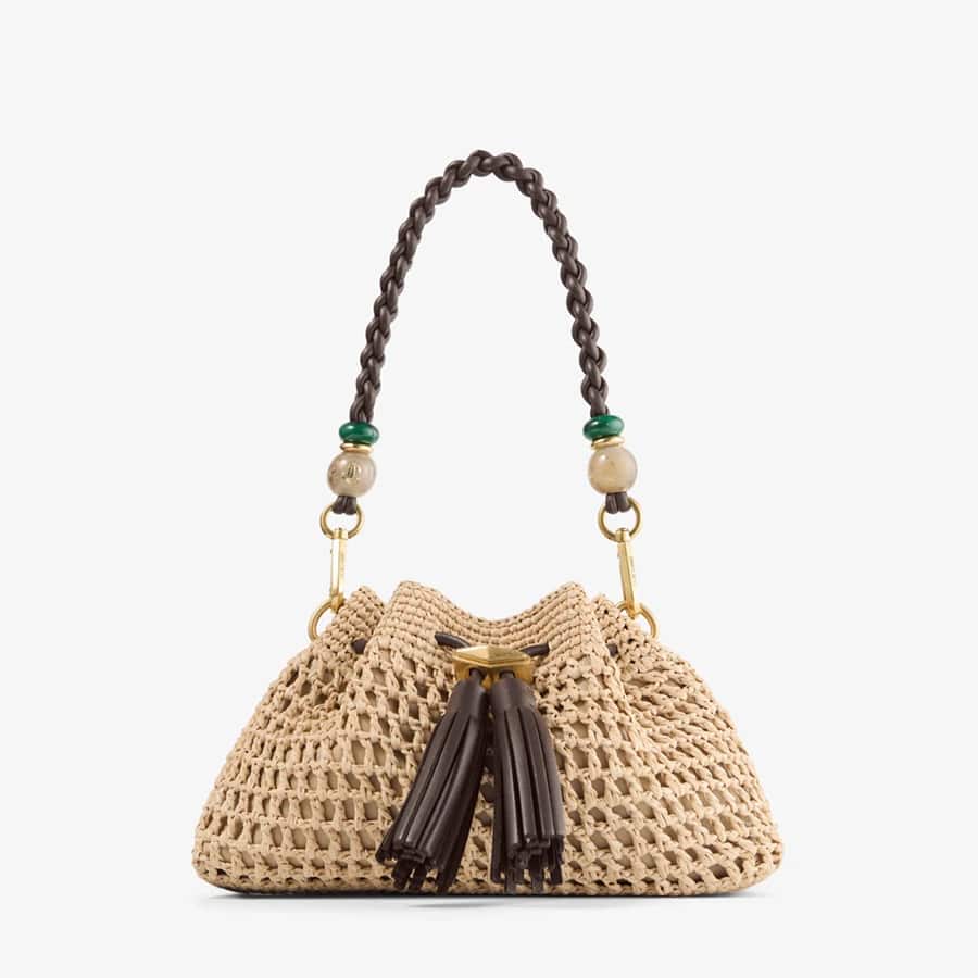 Cinch Small Natural and Chocolate Crochet Raffia Shoulder Bag with Braided Strap