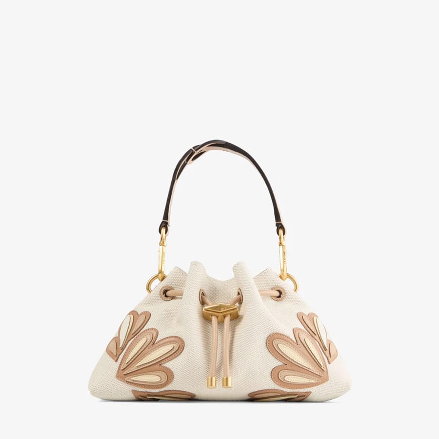 Cinch Small Natural and Chai Recycled Canvas Shoulder Bag with Intarsia Appliqué