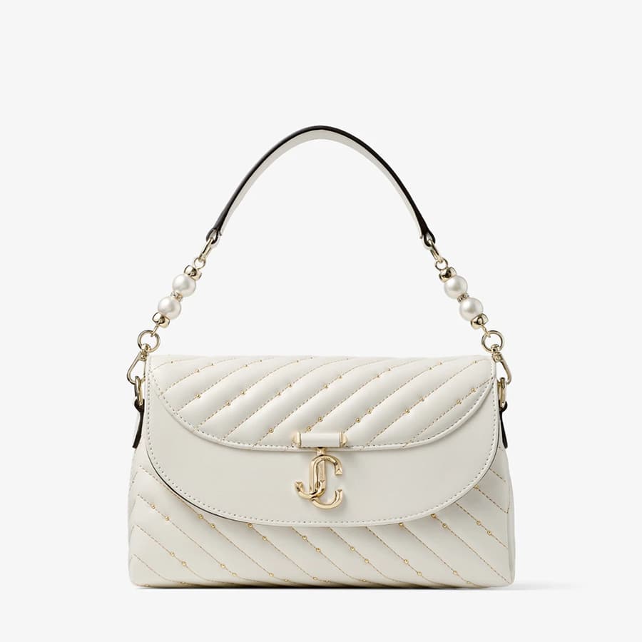 Curve Top Handle Latte Quilted Nappa Leather Top Handle Bag with Pearl Detail
