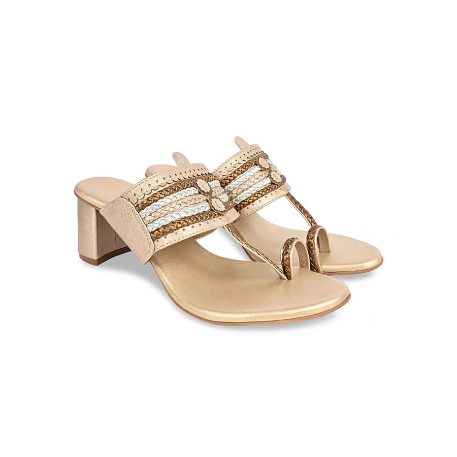 Women Gold Stylish Block Heel Kolhapuris
