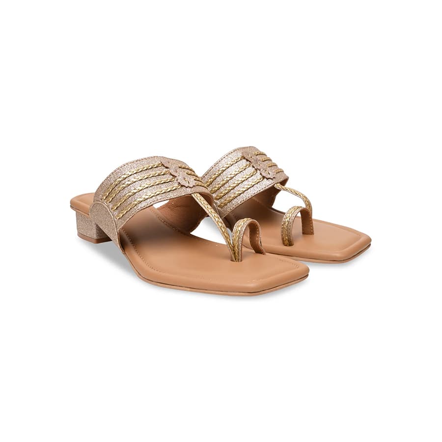 Women Gold Shimmer Kolhapuri Block Heels