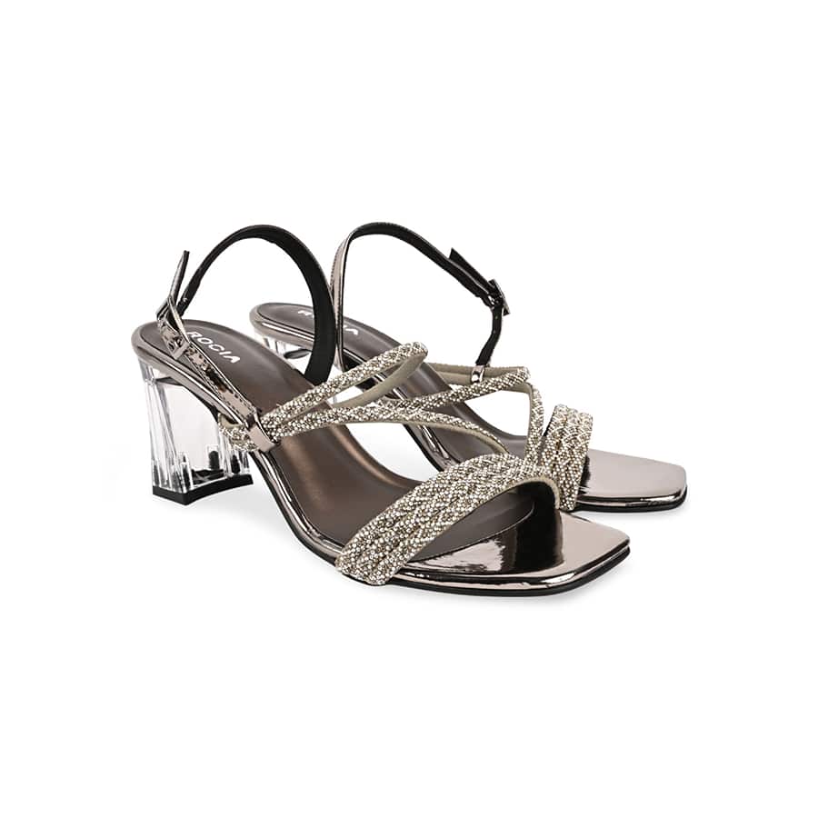 Women Gun Metal Diamond Embellished Block Heel Sandals