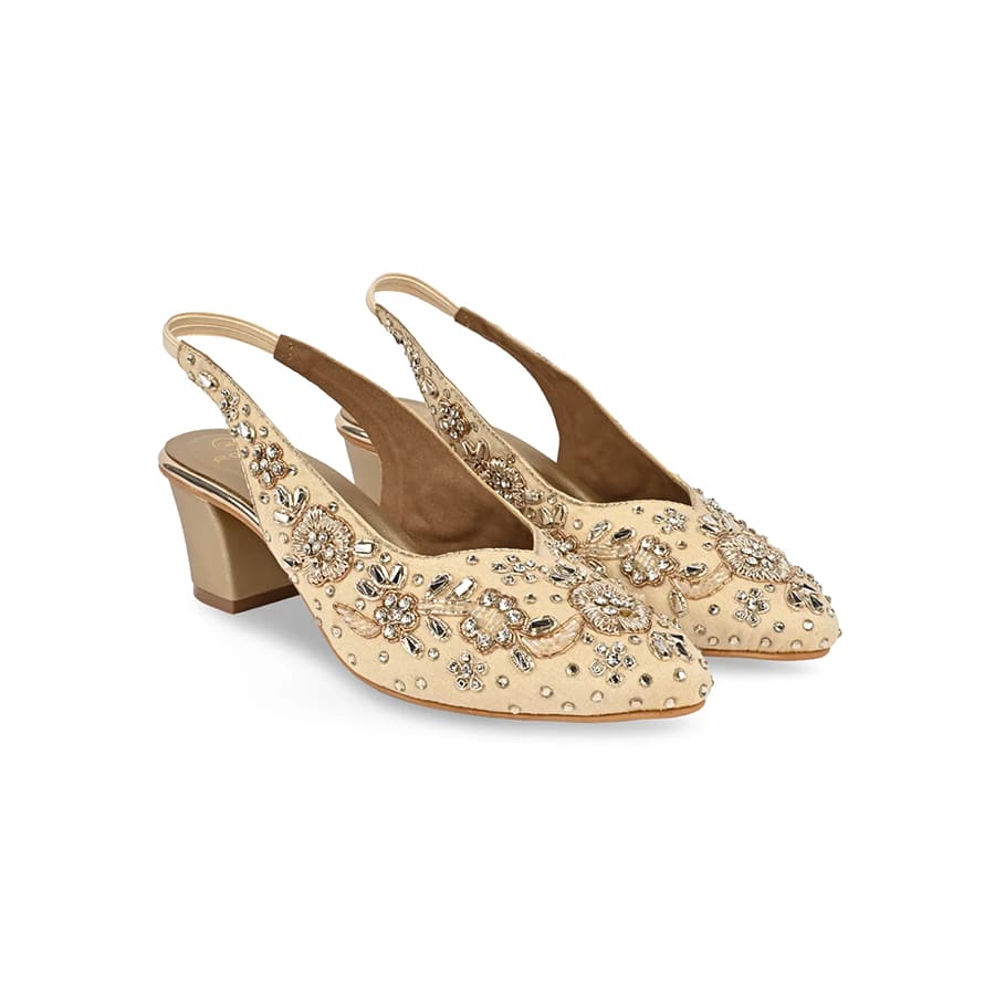 Women Gold Heavy Embroidered Block Heel Sling Back Sandals