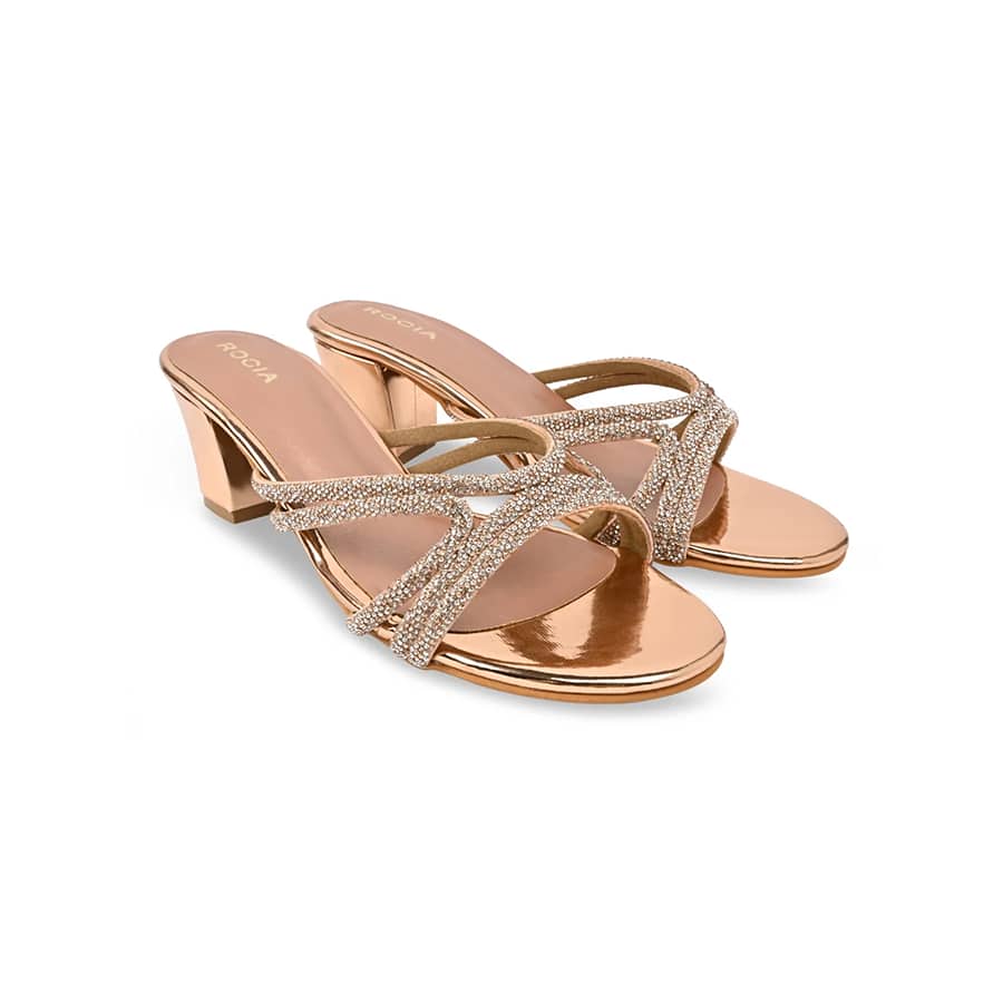 Women Rose Gold Strappy Diamond Embellished Block Heel Sandals