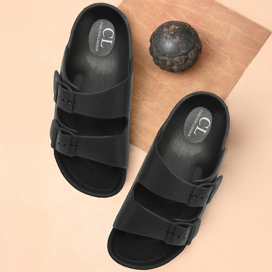 Women Solid Double Buckle Platform Slides