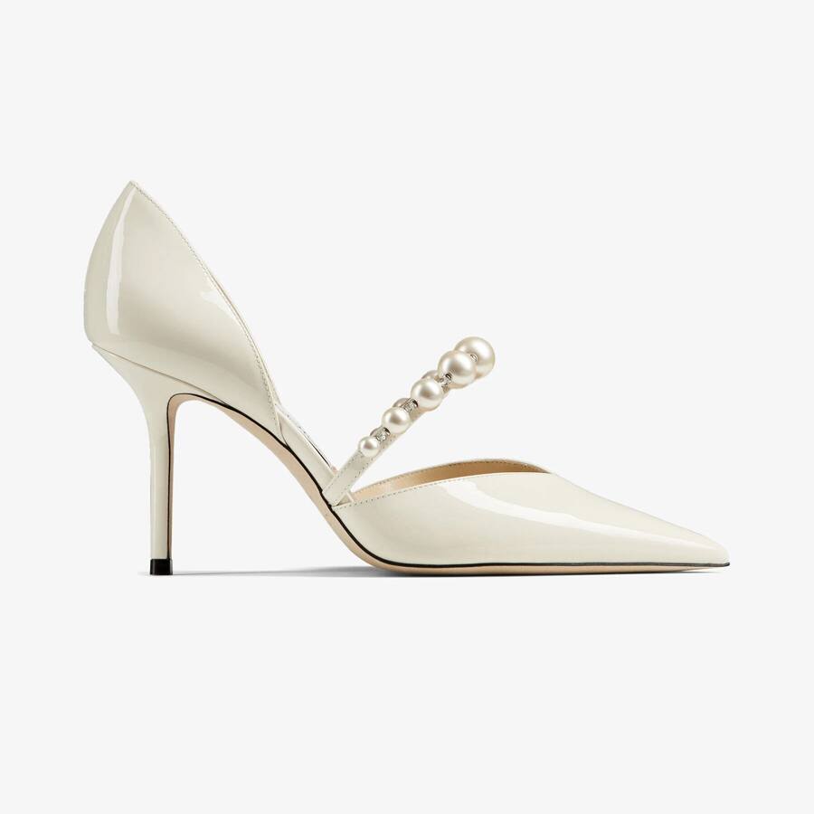 Latte Patent Leather Pointed Pumps with Pearl Embellishment