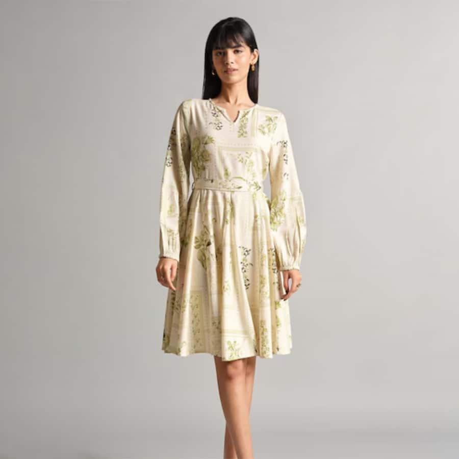 Off White Printed Knee Length Casual Women Regular Fit Dress