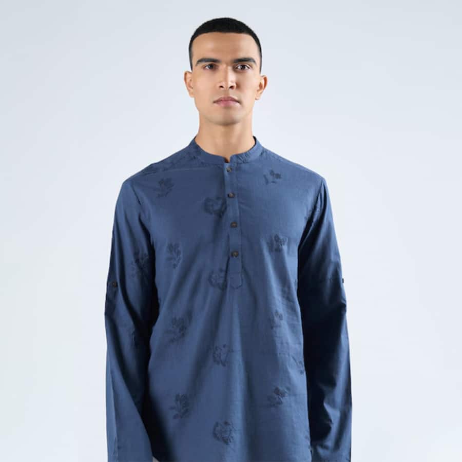 Navy Motif Embroidered Regular Fit Short Kurta