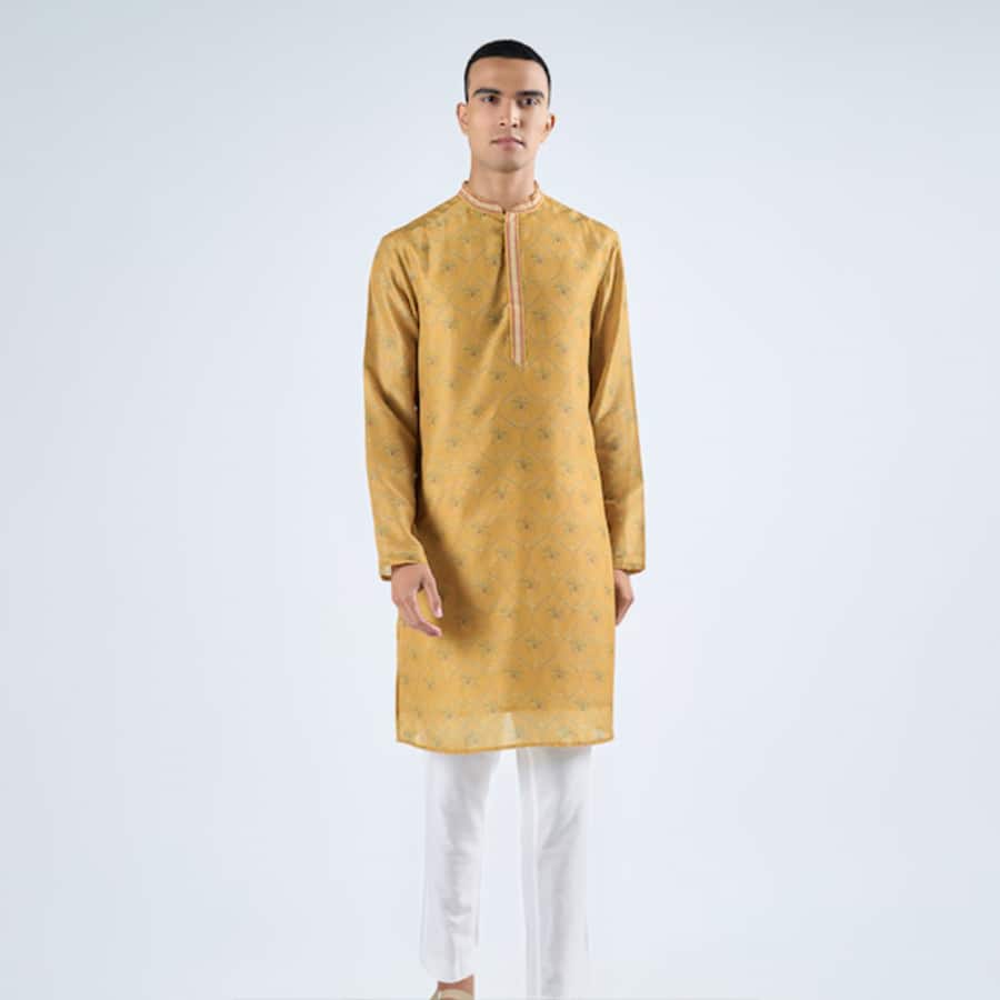 Mustard Motif Print Long Kurta
