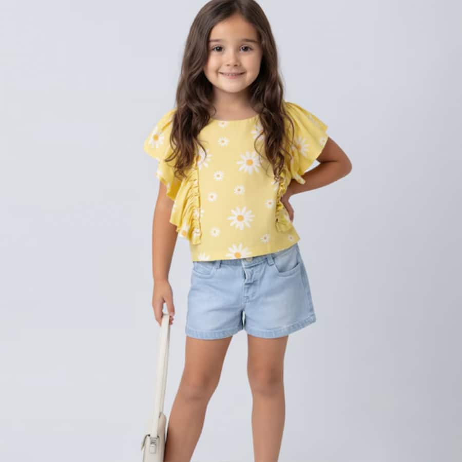 Yellow Daisy Print Ruffle Top