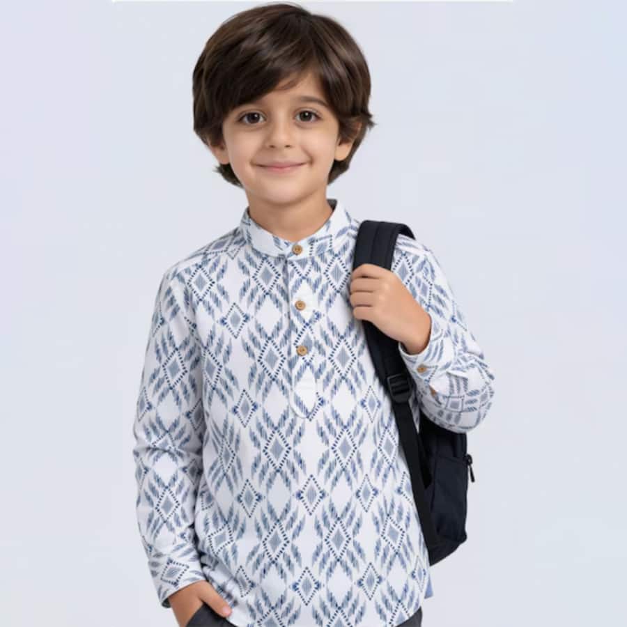 White Ikat Print Mandarin Shirt