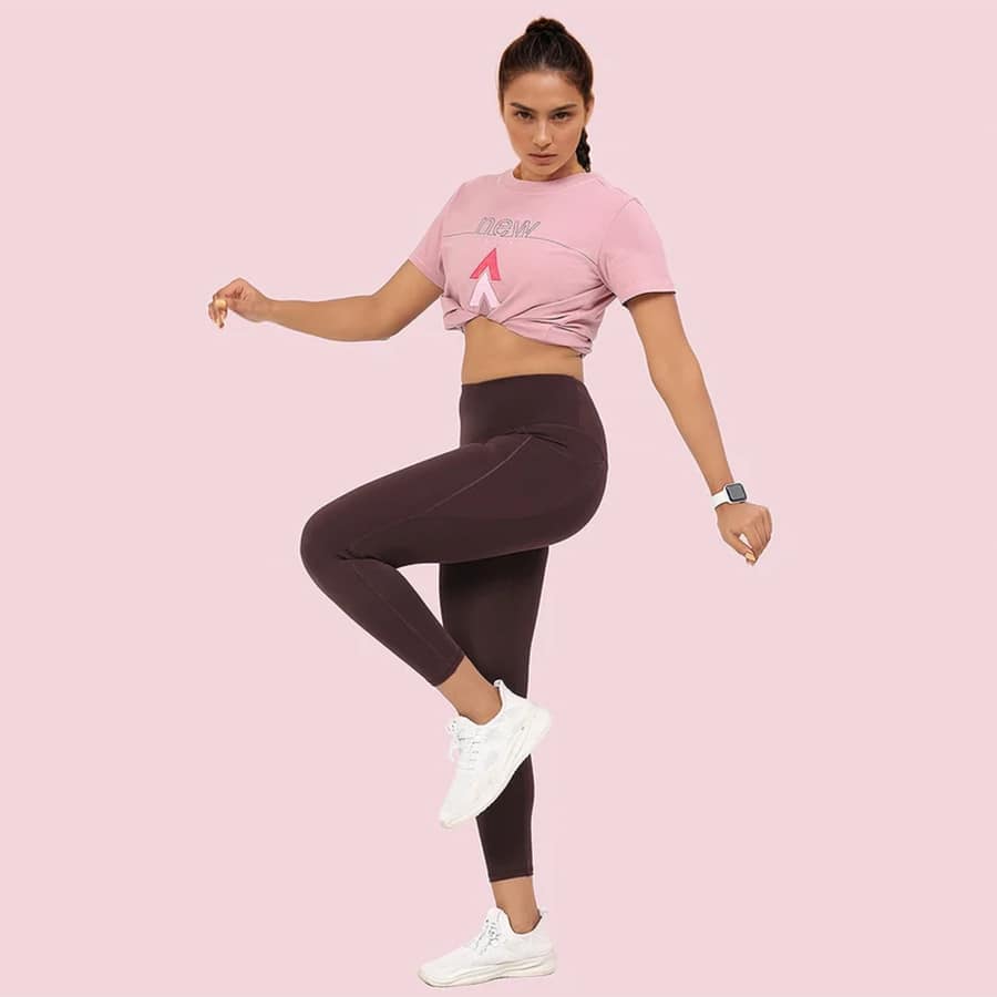 Enamor High rise 7/8th length Adjustable drawstring Workout leggings For Women - Hugged Fit, Quick Dry, Antimicrobial - A605 (Choco Fudge)