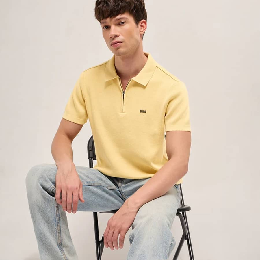 Yellow Regular Fit Flat Knit Polo with Half-Zip Placket