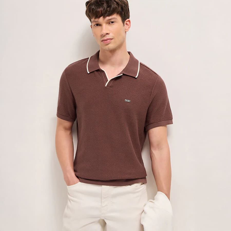 Brown Textured Knit Regular Fit Polo with Open V-Notch Placket