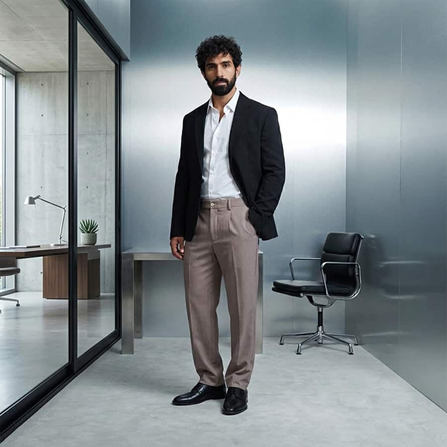 Muted Khaki Relaxed Fit Stretch Formal Pants