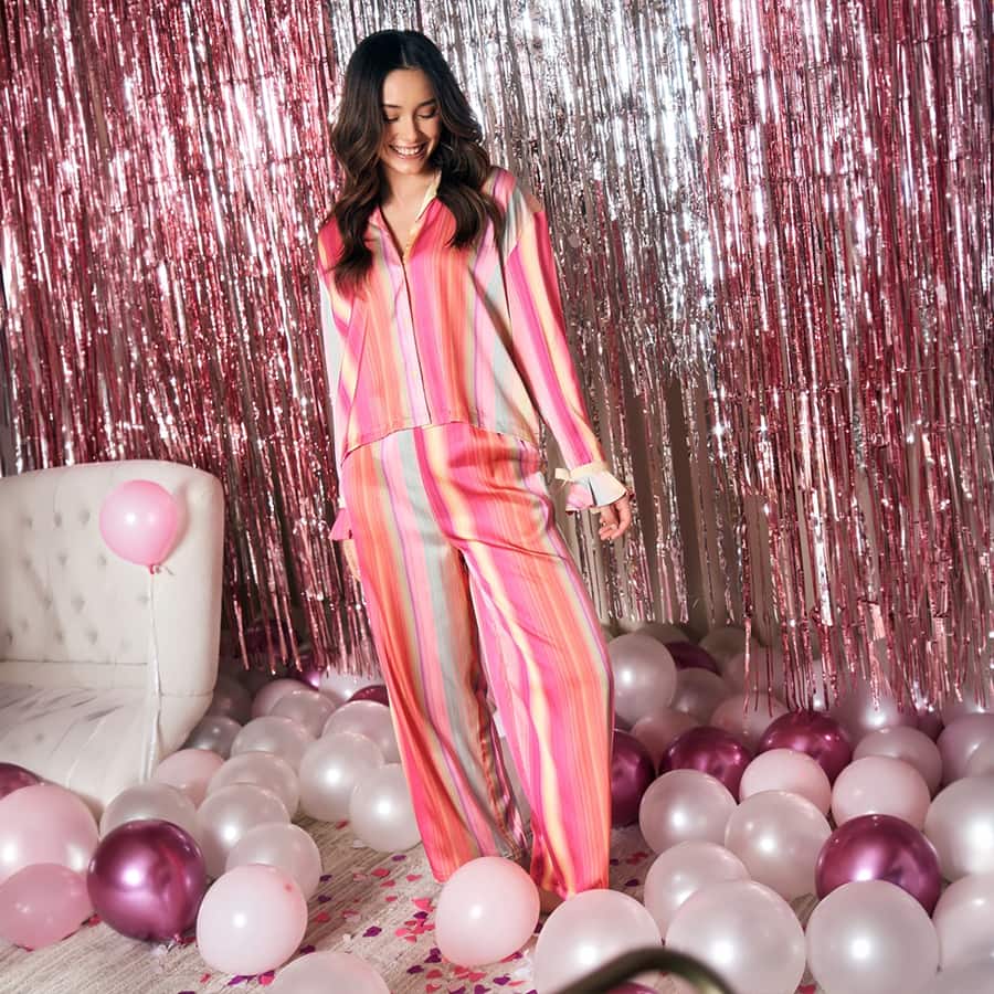 SilkLikeTM Vivid Stripe Button Down Palazzo Set