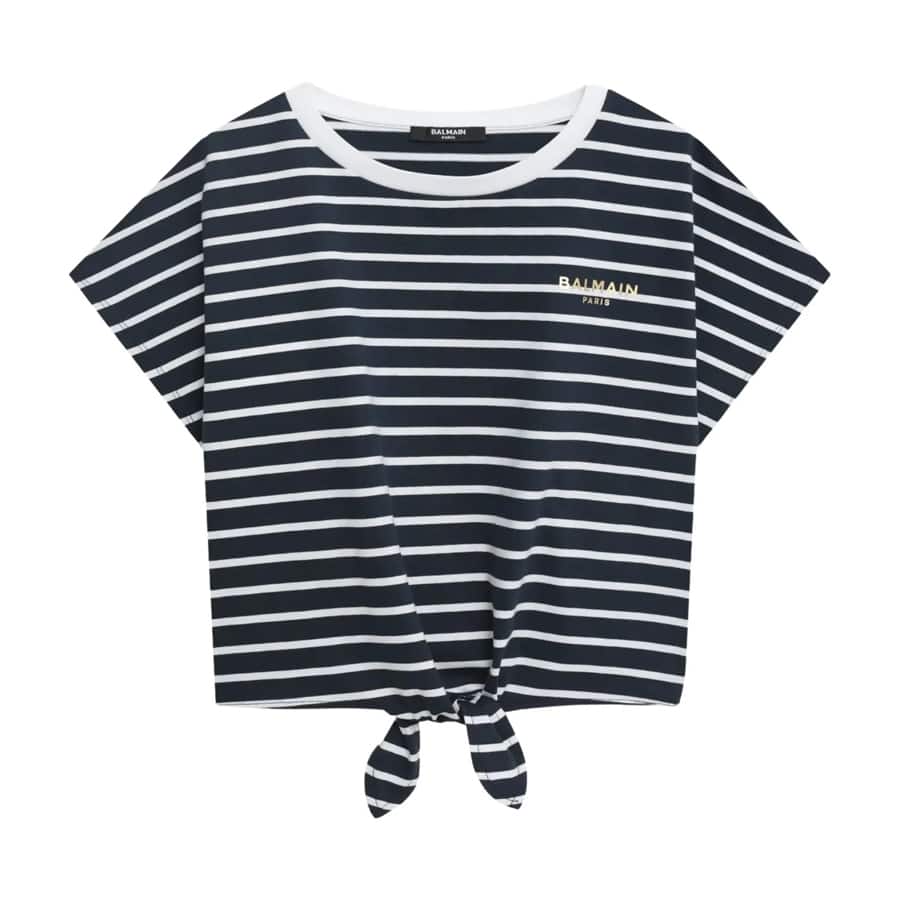 Girls Navy Blue Striped Tie-Front Tops
