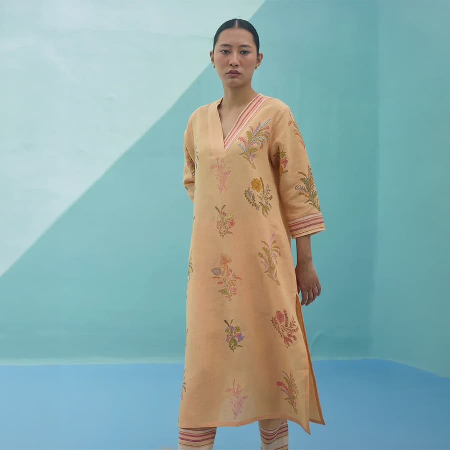 Zura Floral Block Printed Embroidered Kurta - Apricot