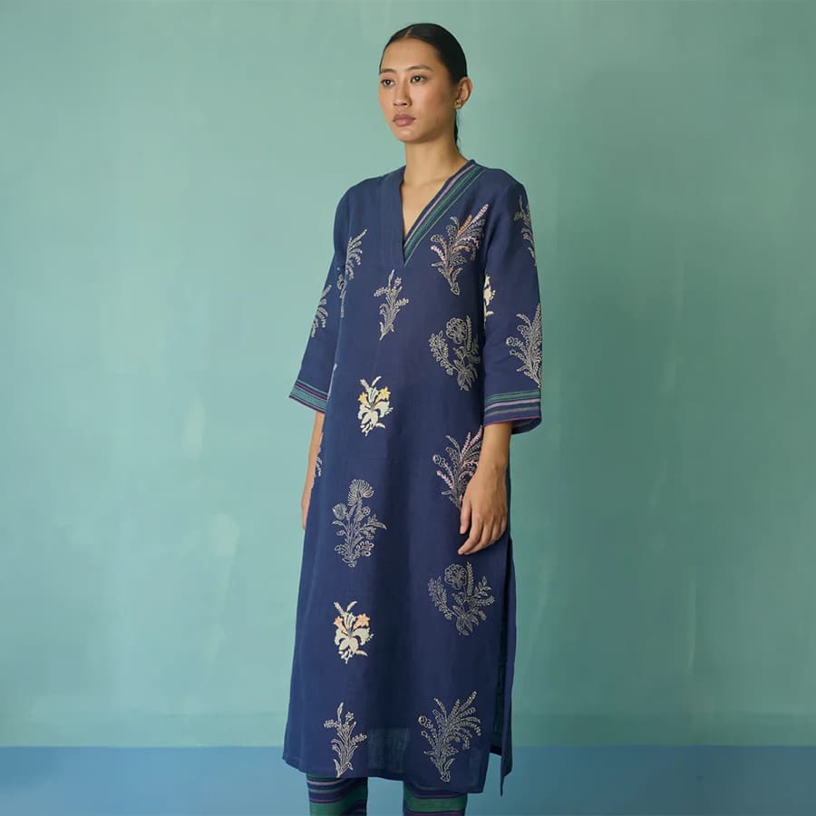 Zura Floral Block Printed Embroidered Kurta - Indigo