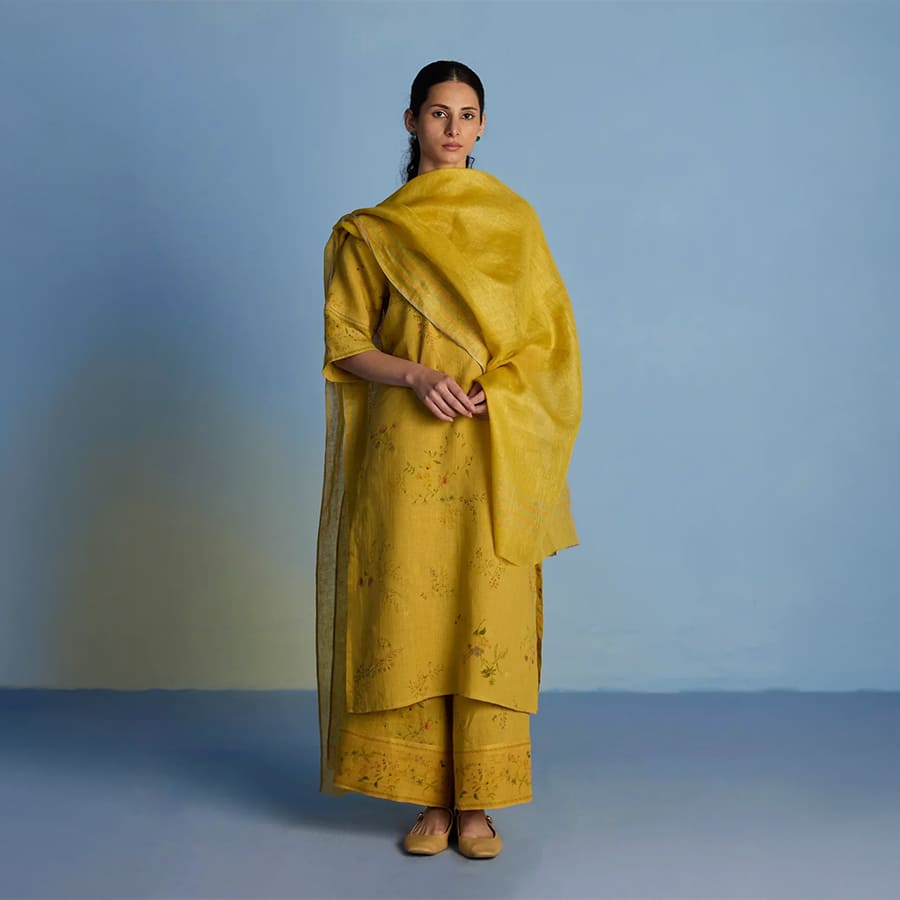Para Hand-Embroidered Linen Kurta Set - Ochre with Dupatta