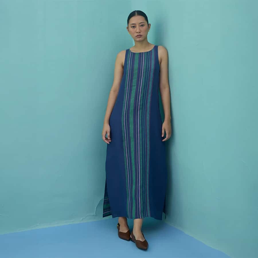 Beli Sleeveless Border Linen Dress - Indigo