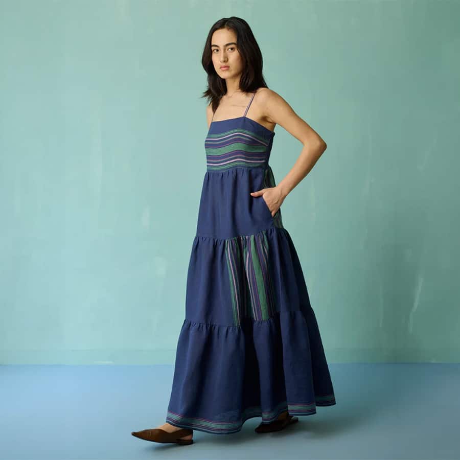 Pera Border Linen Tiered Dress - Indigo