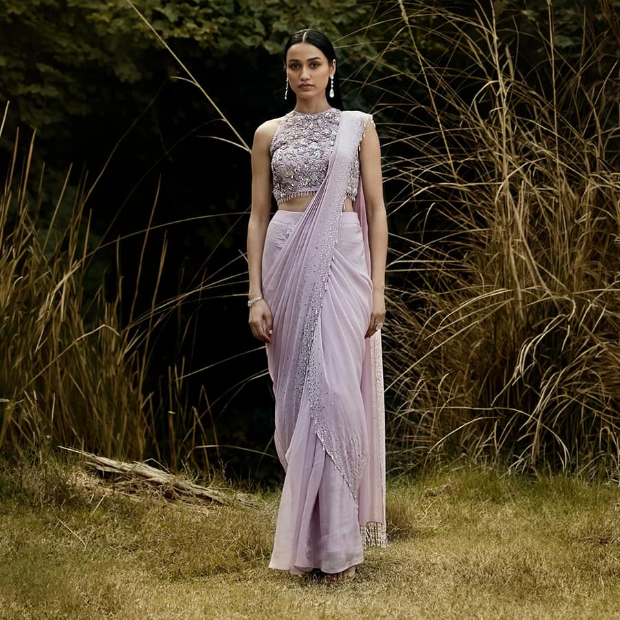 Lilac Embroidered Pre Draped Saree