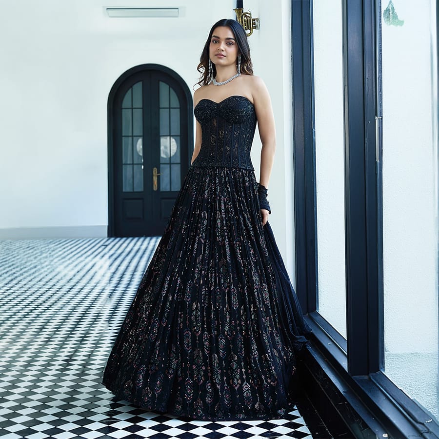 Black Chantilly Net Embroidered Lehenga Set