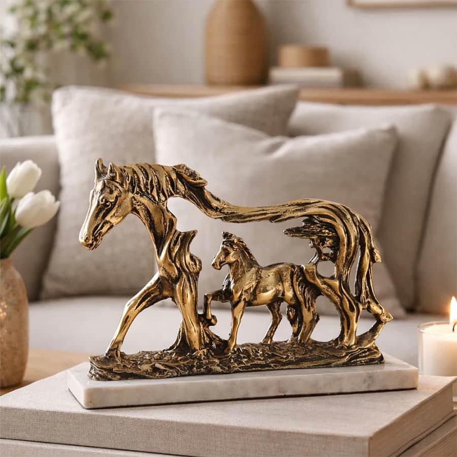 Mare and Foal Metal Sculpture - Antique Gold