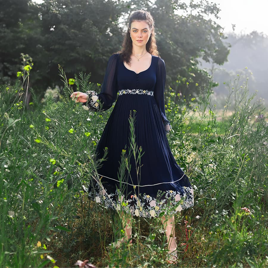 Navy Gardenia Cutwork Dress
