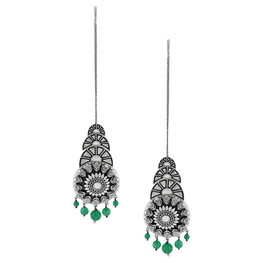 Silver Oxidised Mirror Flower Fan Motif Green Earrings