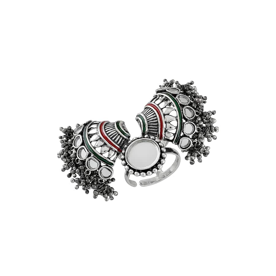 Silver Fan Motif Mirror Ball Bead Cluster Adjustable Ring