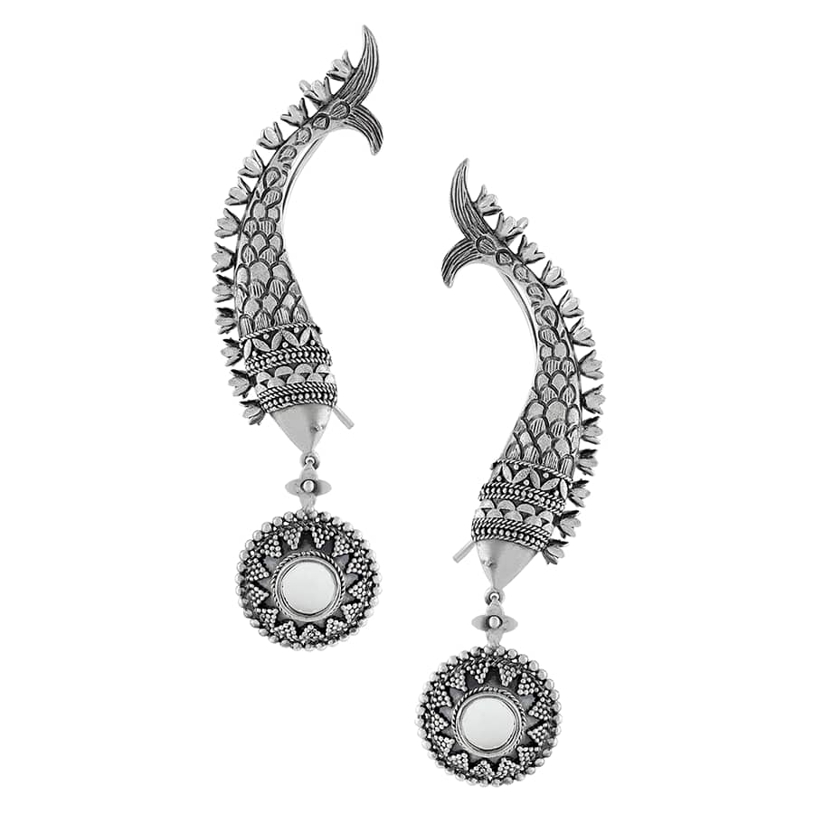 Silver Textured Fish Motif Round Rawa Drop Earcuffs