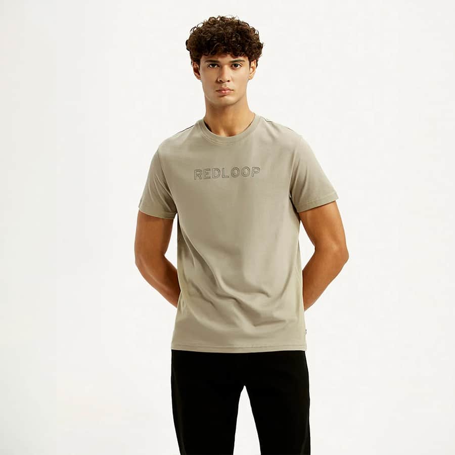Men's Redloop Typography Beige Slim Fit T-shirt