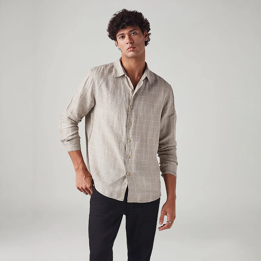 Men's Checkered Slim Fit Linen Shirt