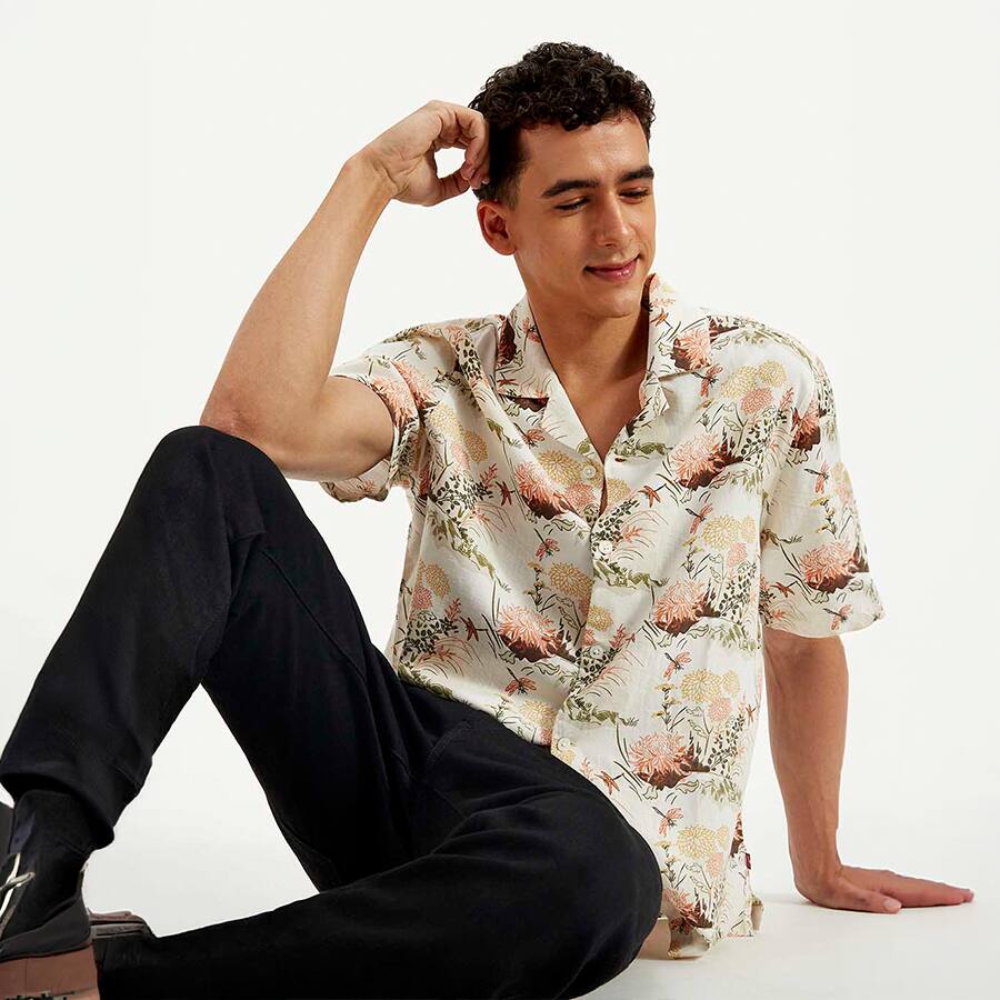 Men's Resort Collar Floral Loose Fit Linen Shirt