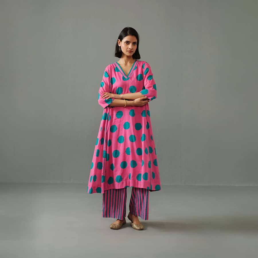 Sagarika Polka Dot Kurta Set Pink