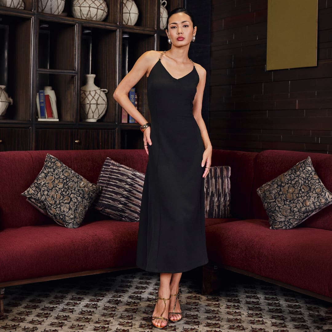Chain Strap Midi Dress in Black