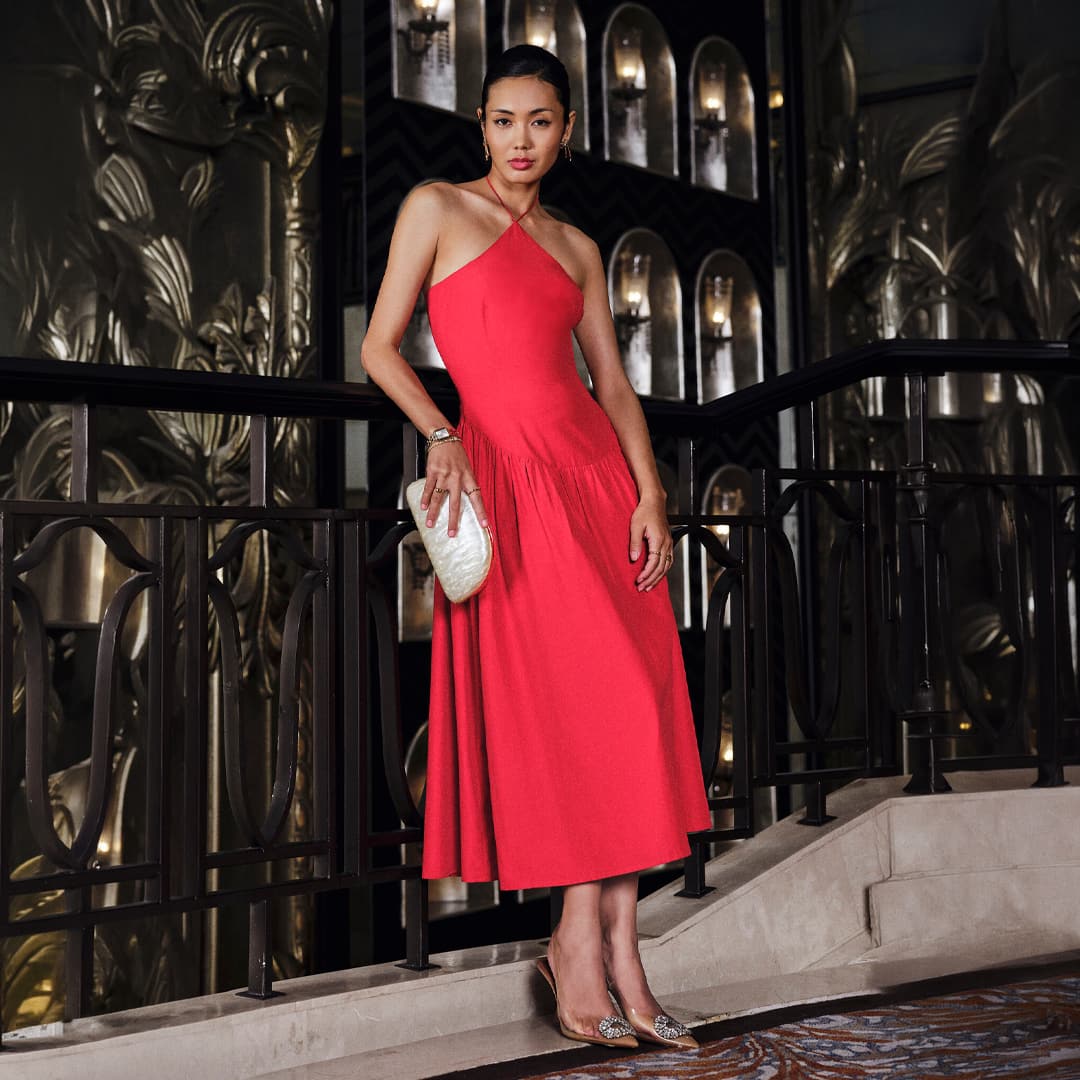 Halter Neck Drop Waist Midi Dress in Red