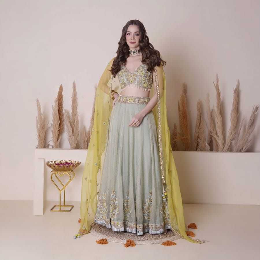 Green Hand Emb Lehenga Set