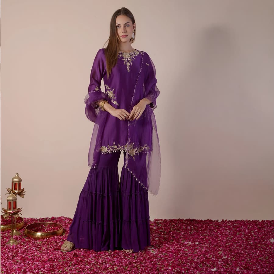 Purple Embroidered Kurta Gharara Set