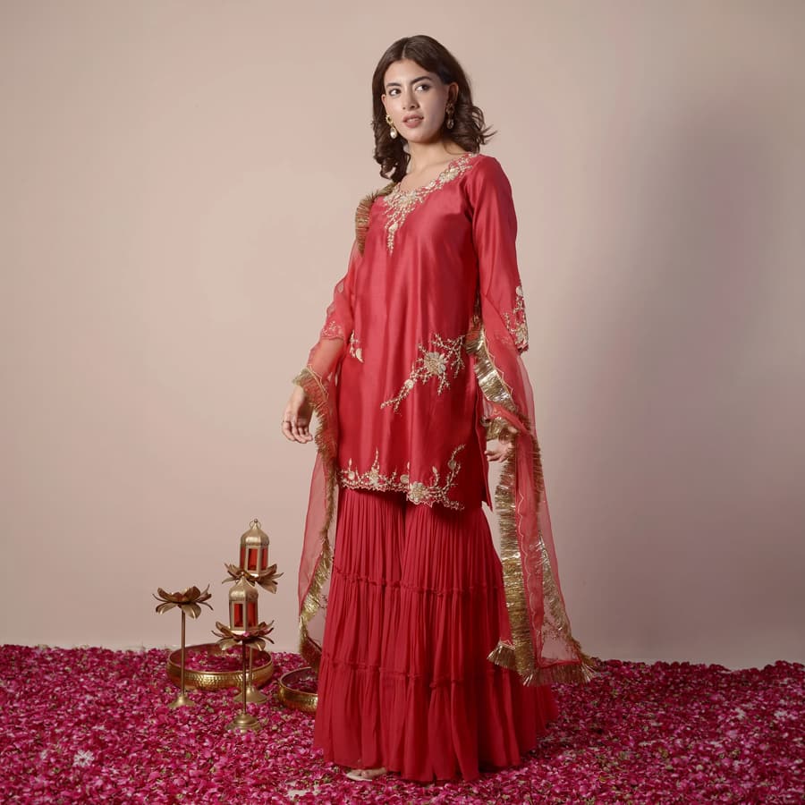 Red Embroidered Gharara Set