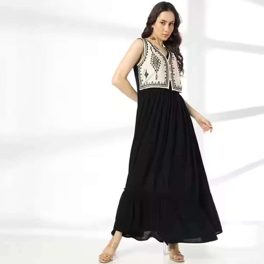 Women V-Neck Tiered Dress with Embroidered Jacket