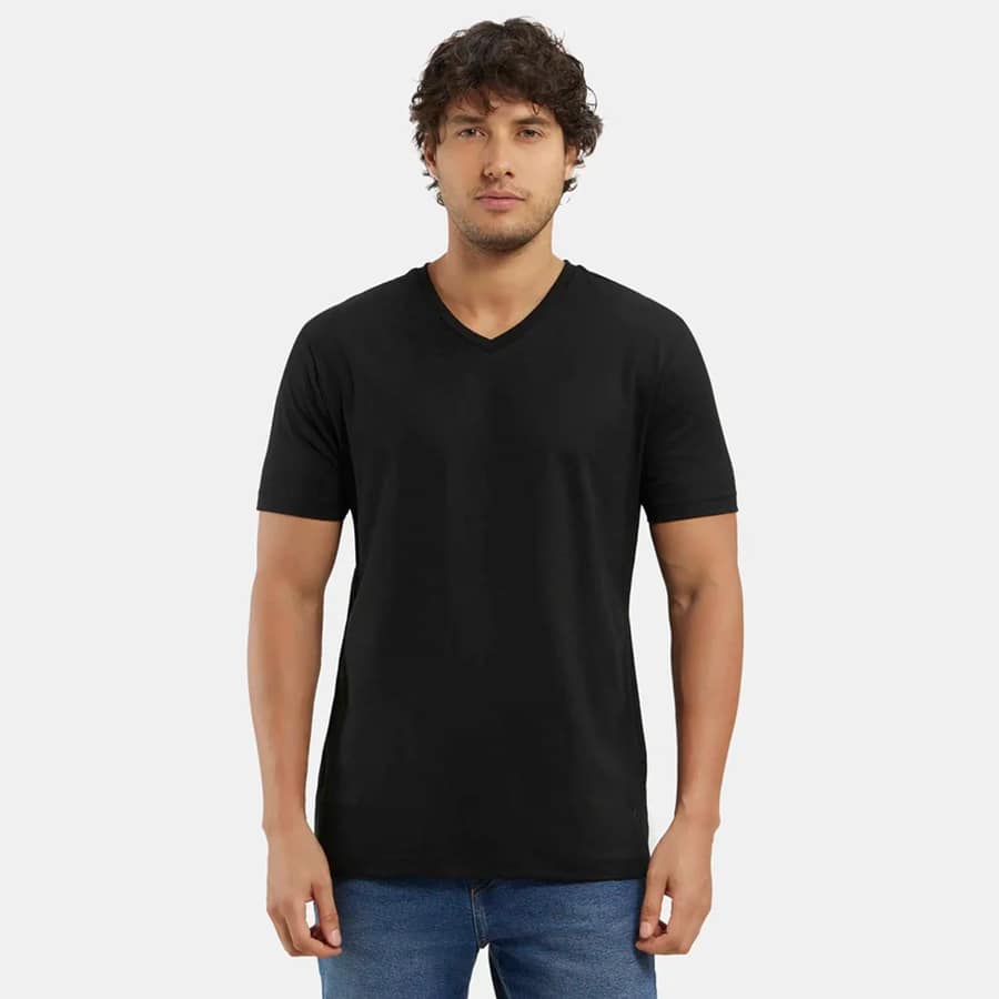 Super Combed Cotton Rich Solid V Neck Half Sleeve T-Shirt - Black