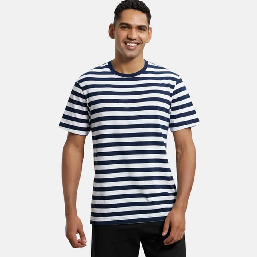 Super Combed Cotton Rich Striped Round Neck Half Sleeve T-Shirt - White & Navy