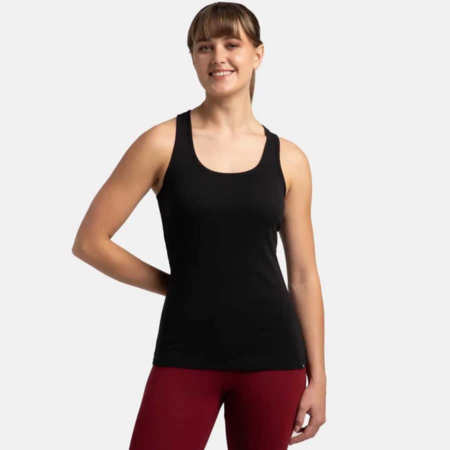 Super Combed Cotton Rib Fabric Slim Fit Solid Racerback Styled Tank Top - Black