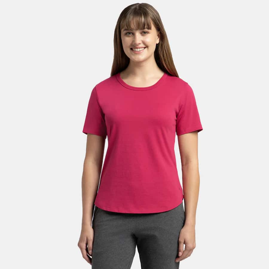 Super Combed Cotton Rich Relaxed Fit Solid Curved Hem Styled Half Sleeve T-Shirt - Red Plum