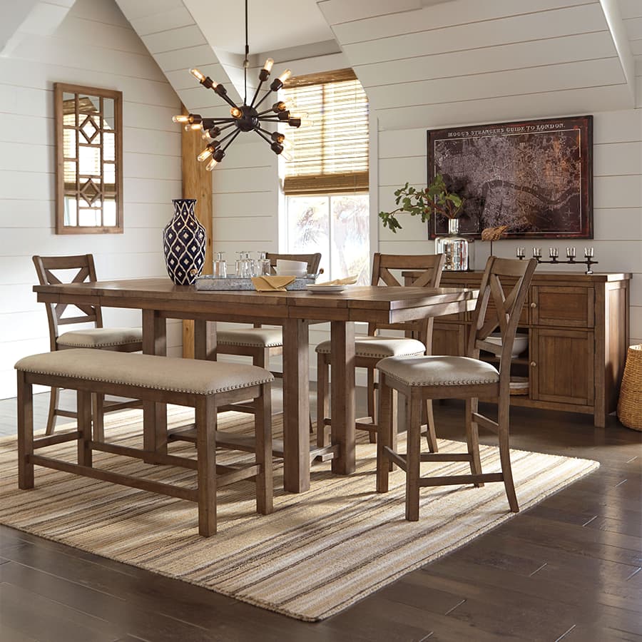 Moriville Counter Height Dining Table with 4 Barstools, Bench, and Server
