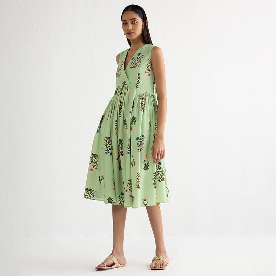 V Neck Printed Flared Dress